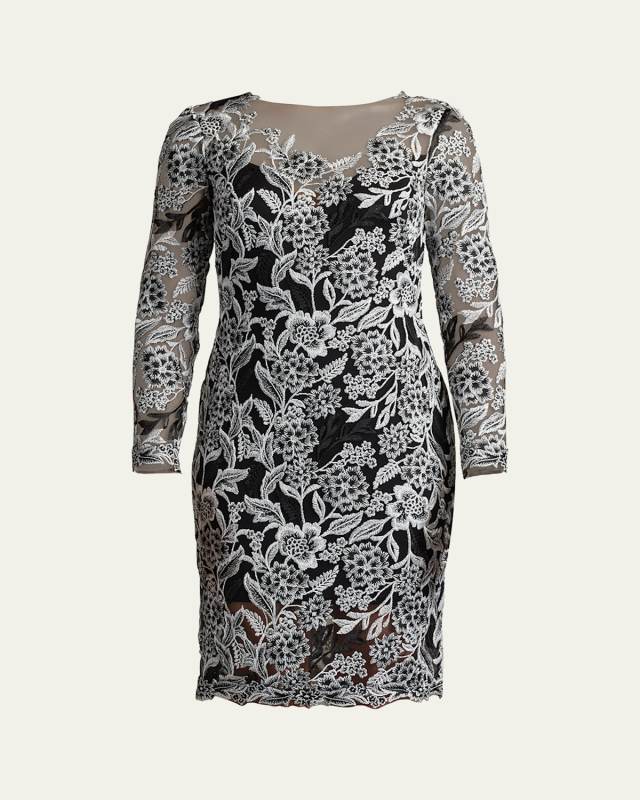Floral-Embroidered Illusion Midi Dress